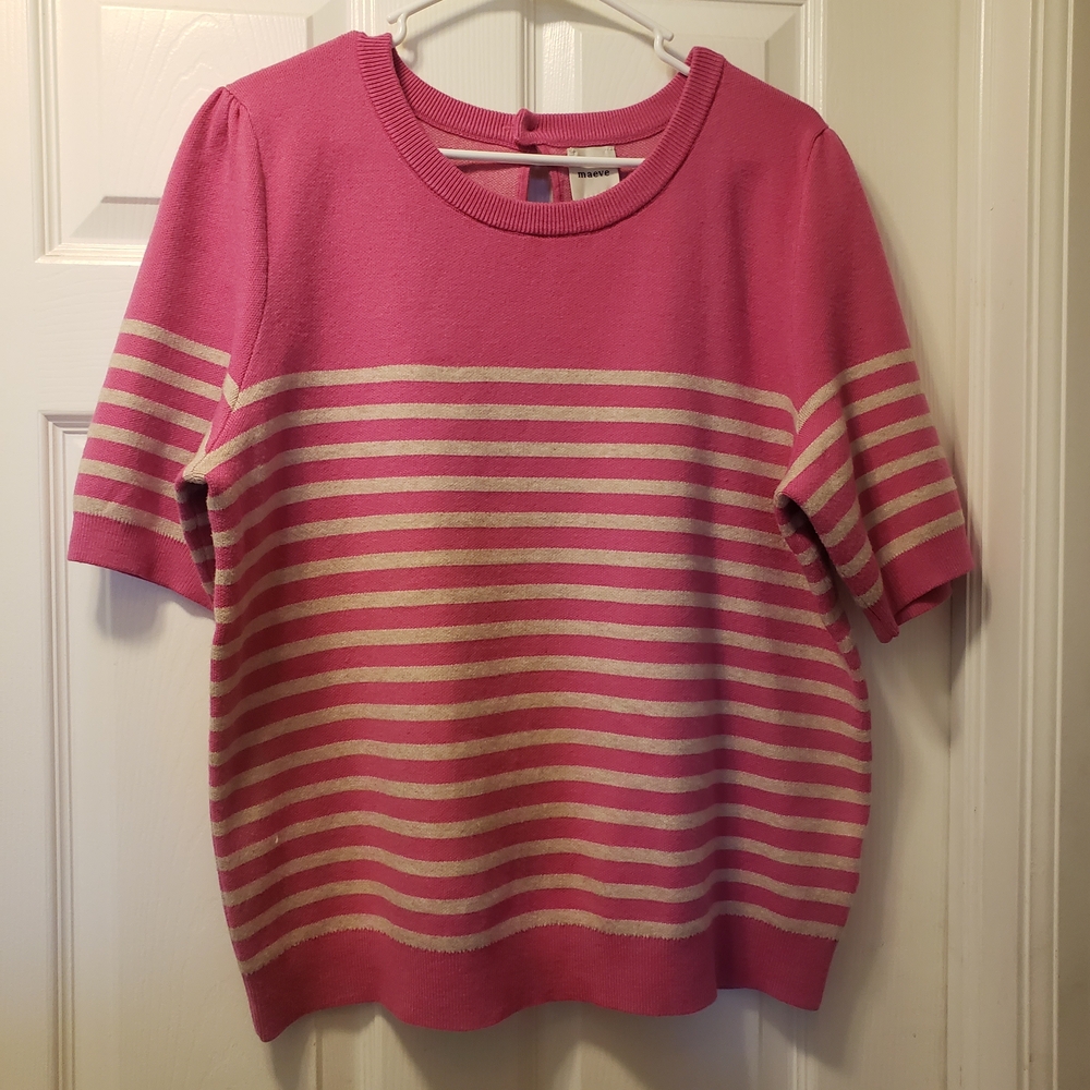 Maeve Pink and Cream Striped Short Sleeve Sweater